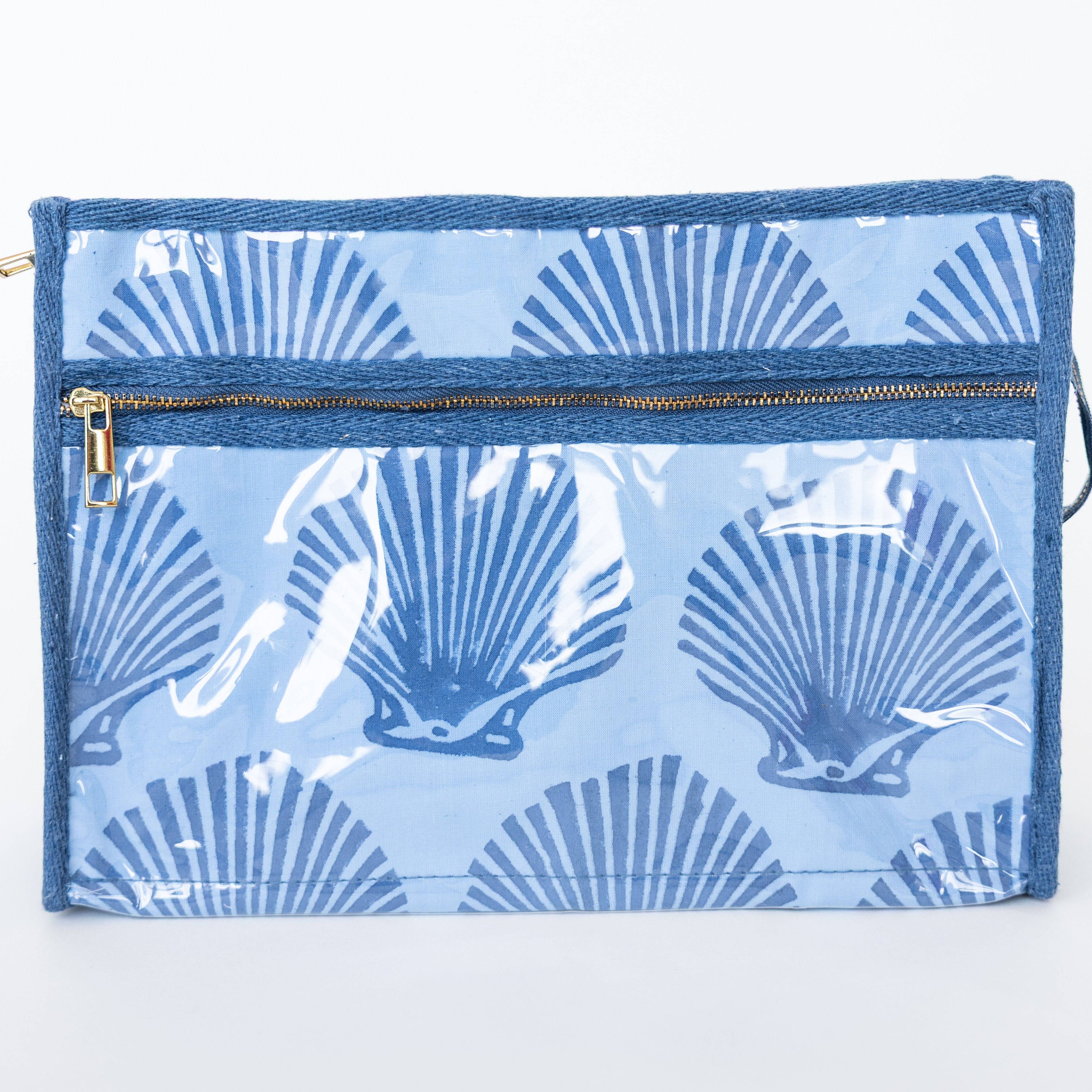 Blue pouch with shell pattern on a white background