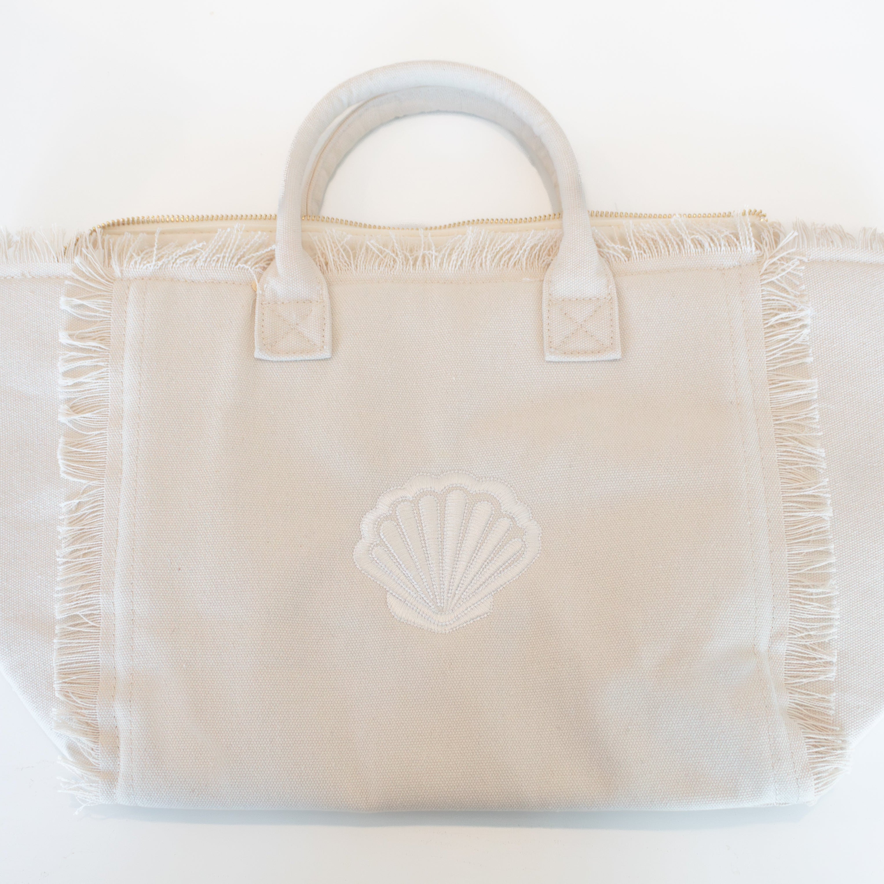 Monogram Mary Brooke Fringe Tote Bag with Cream Shell Motif