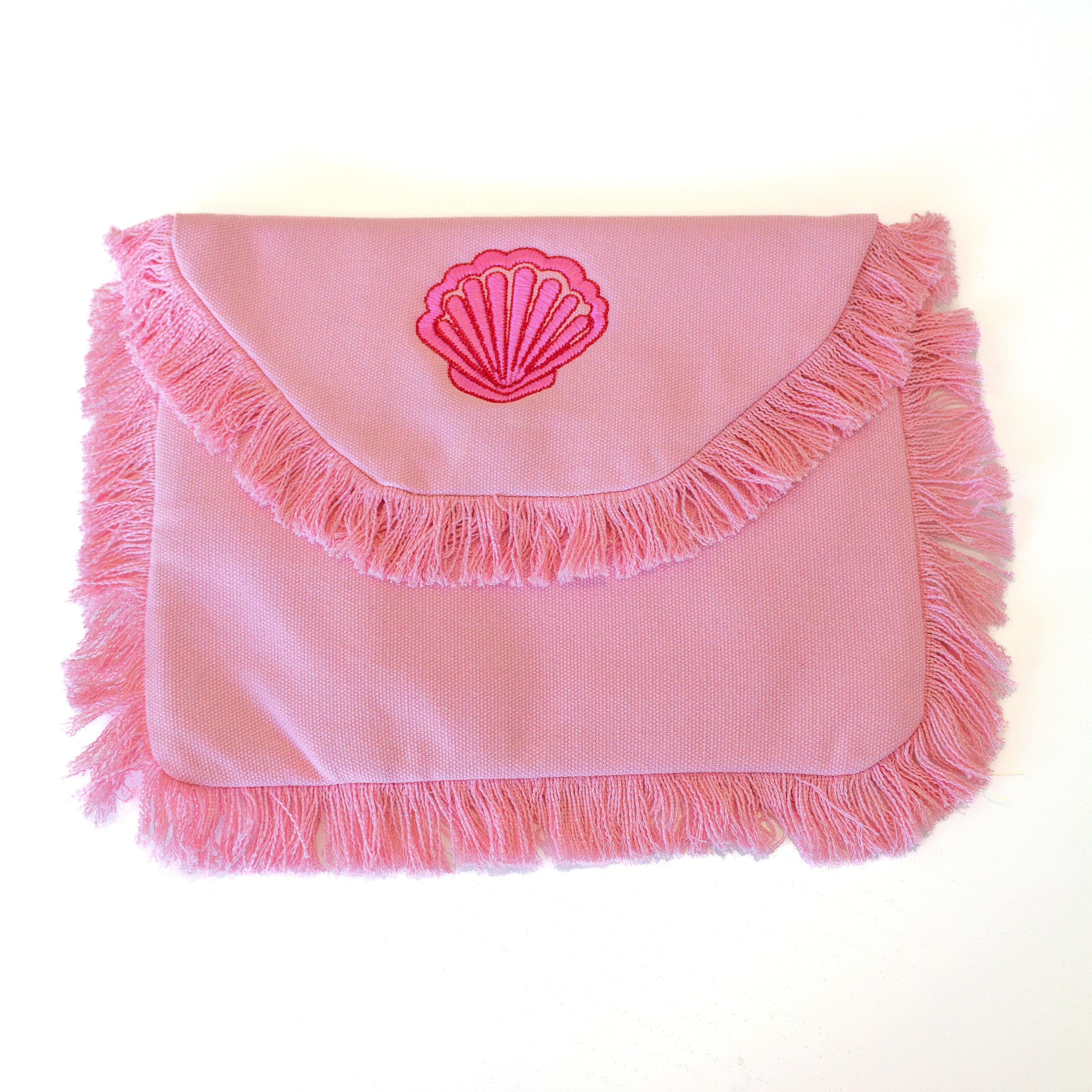 Monogram Mary Shell Shop Fringe Clutch Pink Shell