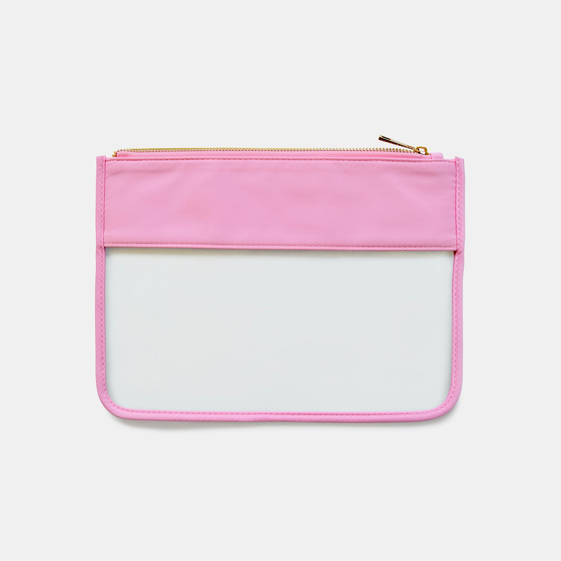 A pink and clear cosmetic pouch with a zipper.