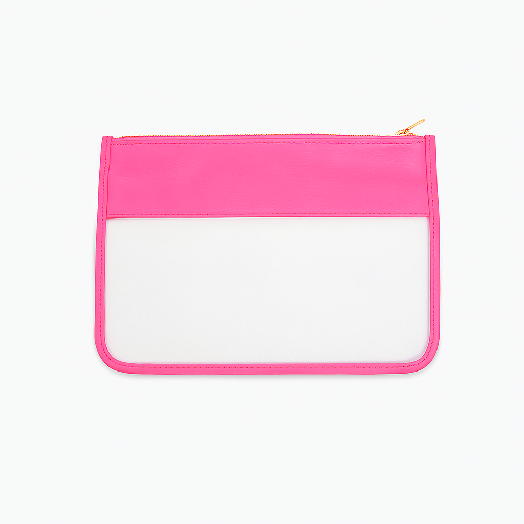 Pink pouch with a white interior on a white background